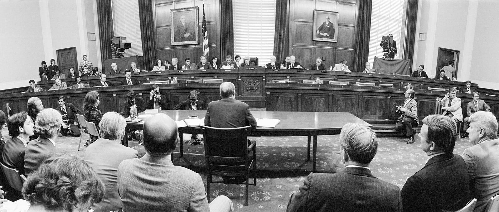 A House Judiciary subcommittee questions President Gerald Ford in 1974 about his pardon of Richard Nixon