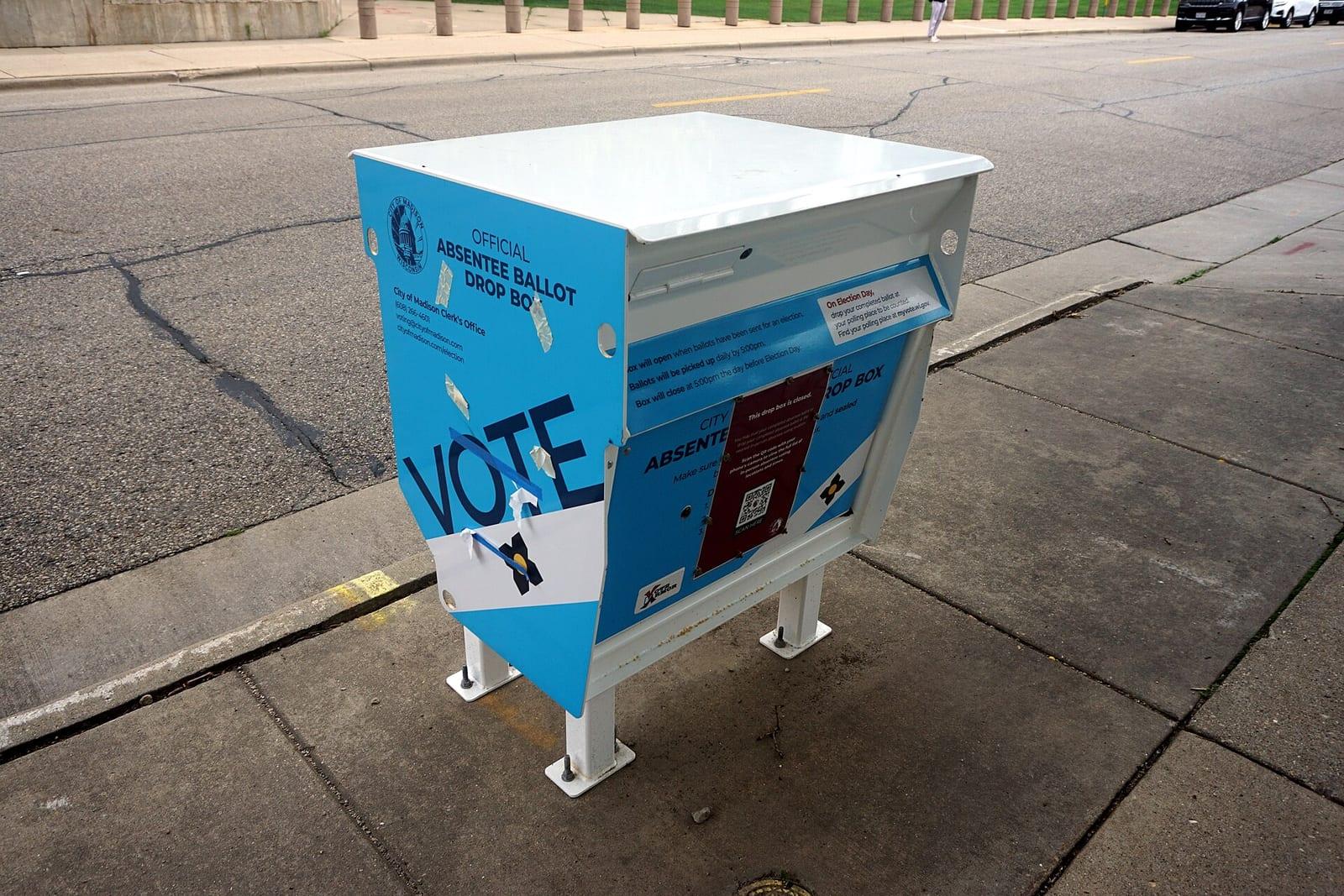 An official absentee ballot drop box in Madison, Wisconsin